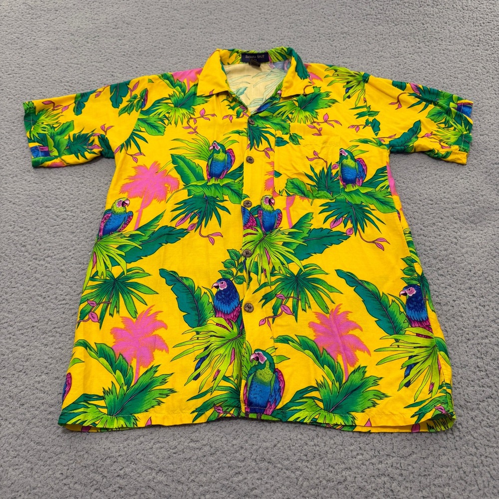 Banana Split USA Shirt Mens  Medium Yellow Tropical Parrot Palm Rayon Hawaiian